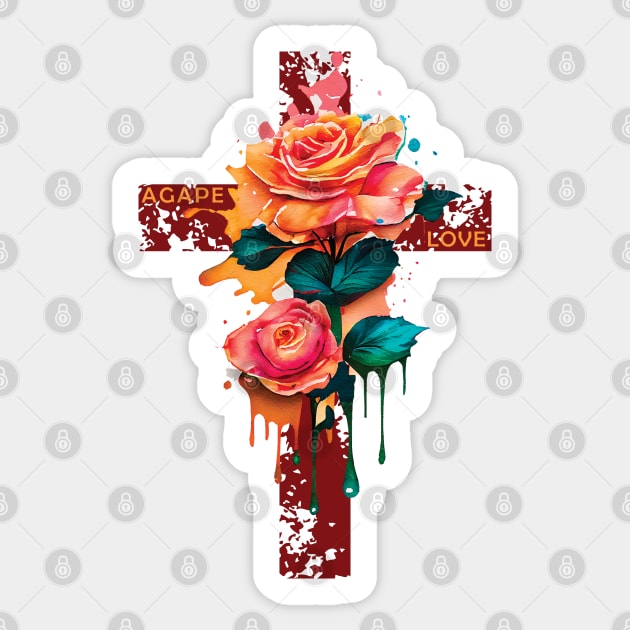 AGAPE LOVE GRUNGE DISTRESSED CROSS ROSE PAINT DRIP Sticker by FlutteringWings 